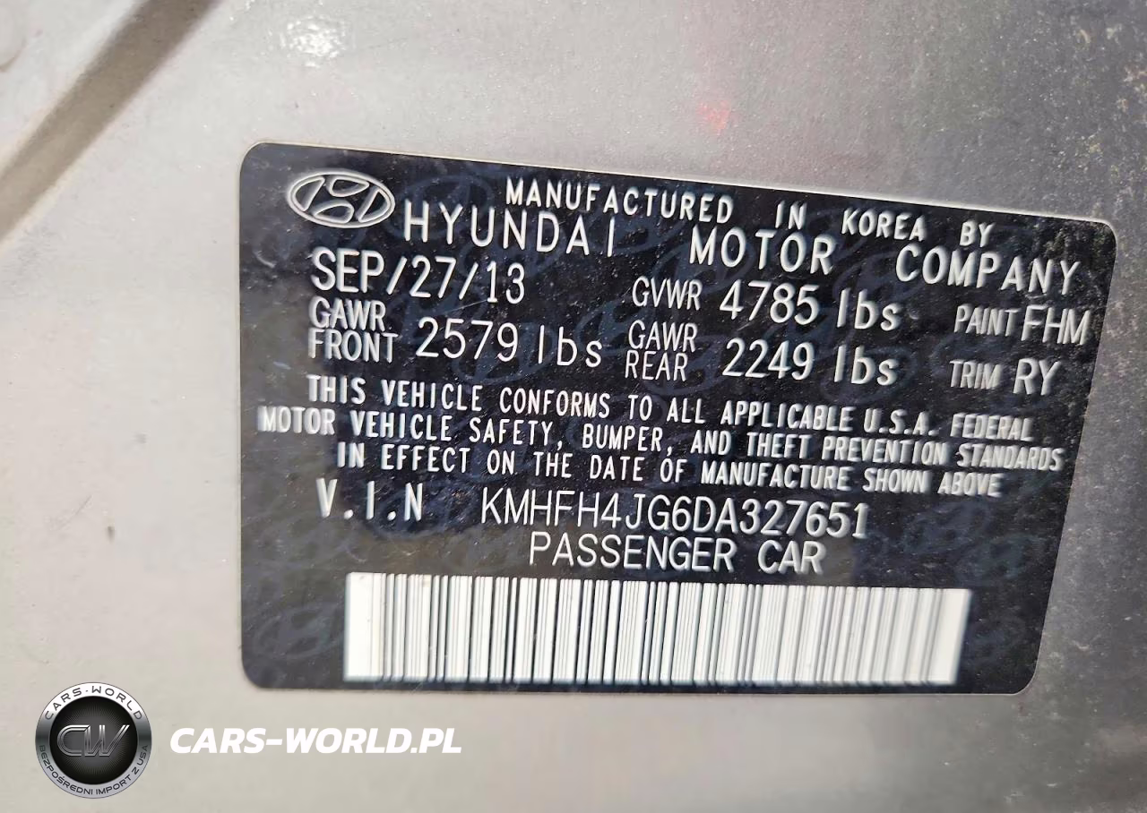 2013 Hyundai Azera Base VIN:KMHFH4JG6DA327651 - 12