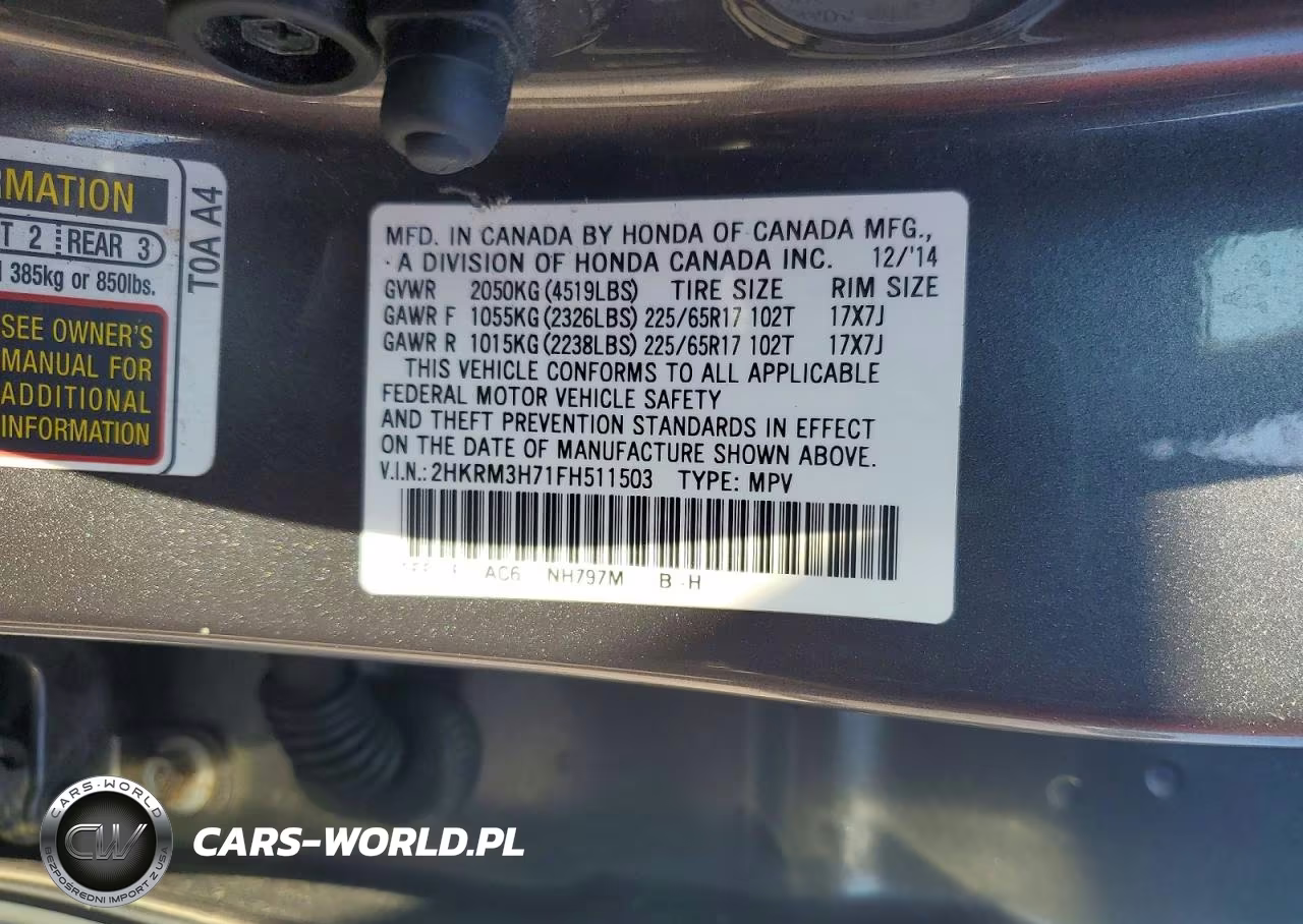 2015 Honda Cr-V Exl VIN:2HKRM3H71FH511503 - 14