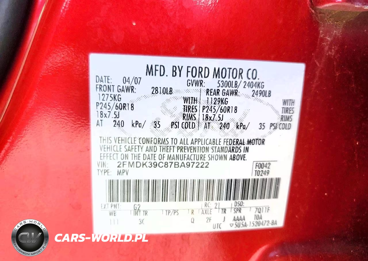 2007 Ford Edge Sel Plus VIN:2FMDK39C87BA97222 - 13