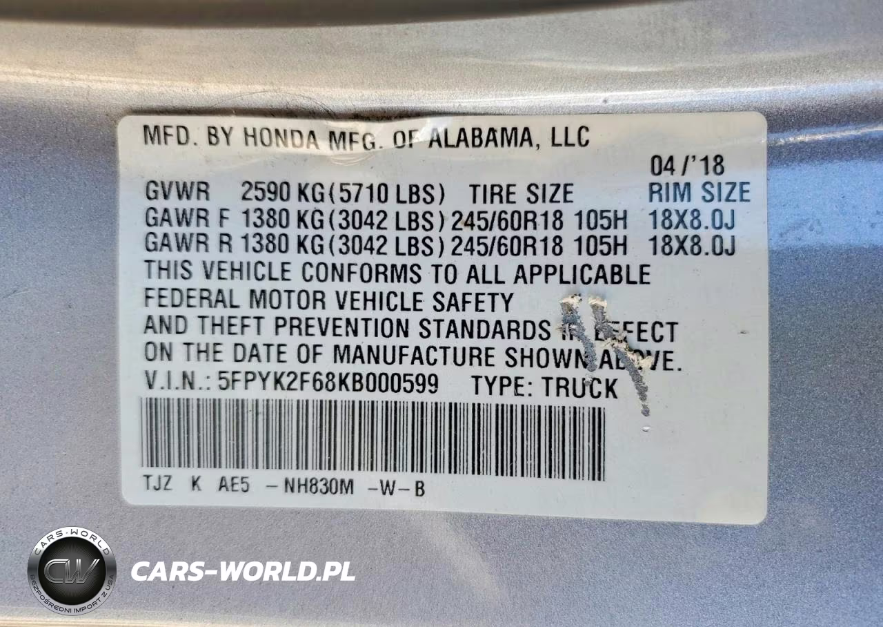 2019 Honda Ridgeline Rtl VIN:5FPYK2F68KB000599 - 12