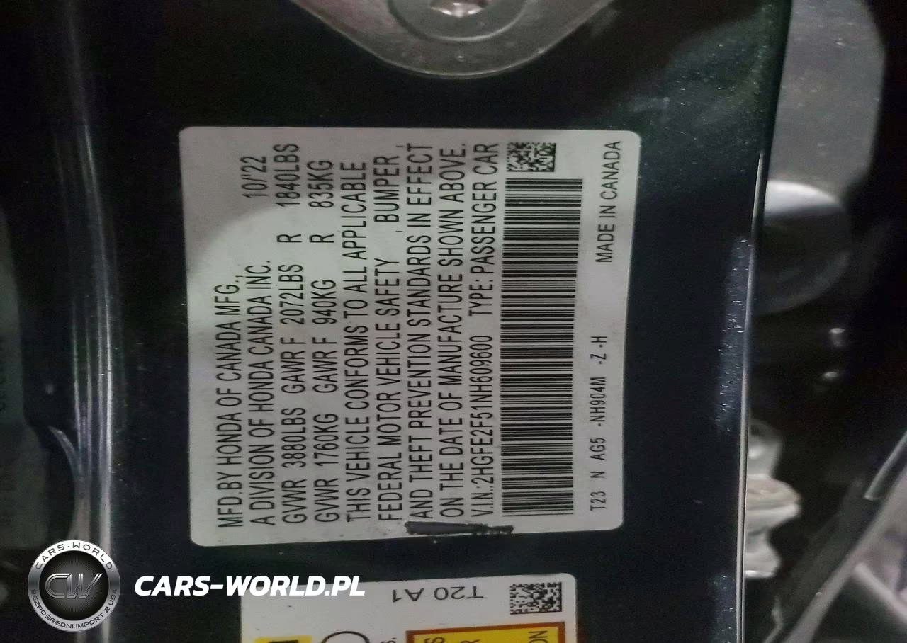 2022 Honda Civic Sport VIN:2HGFE2F51NH609600 - 12