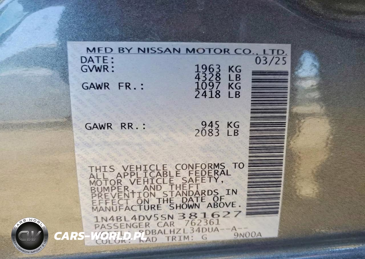 2025 Nissan Altima Sv VIN:1N4BL4DV5SN381627 - 12