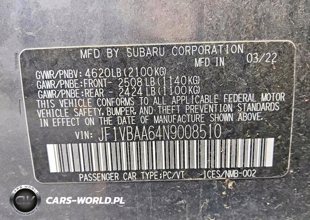 2022 Subaru Wrx VIN:JF1VBAA64N9008510 - 12