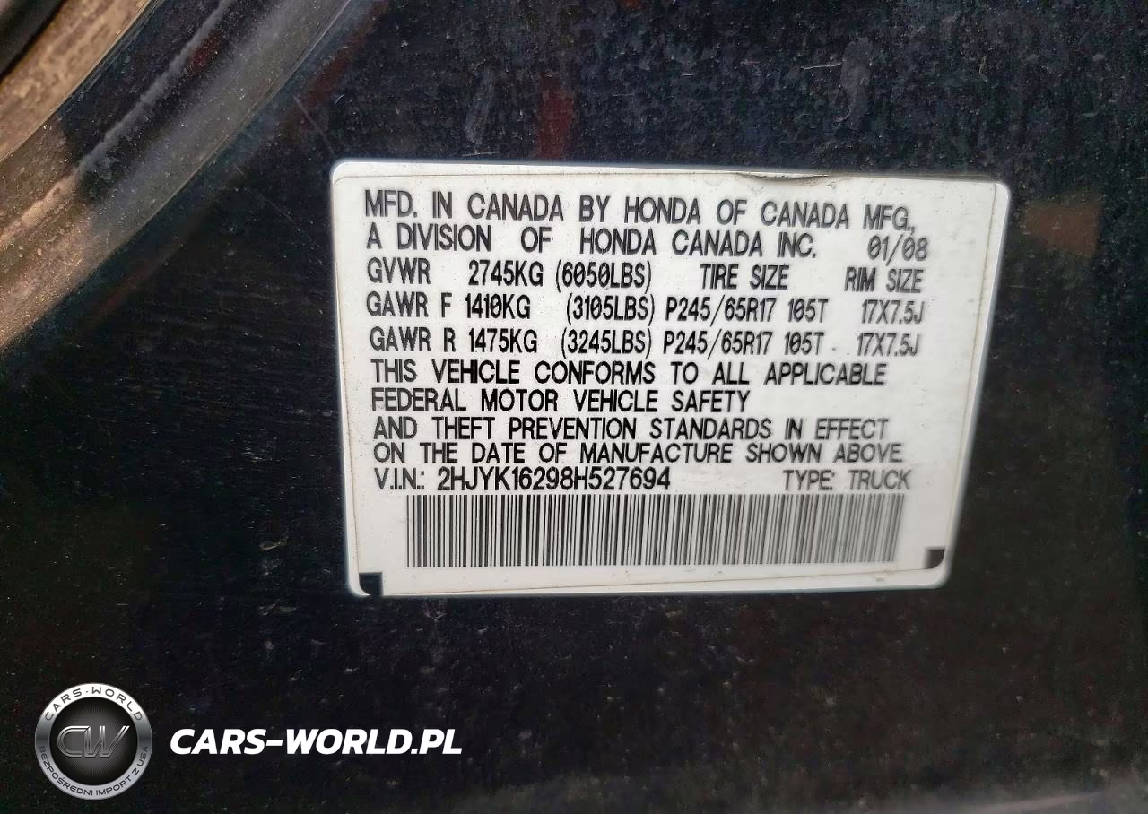 2008 Honda Ridgeline Rt VIN:2HJYK16298H527694 - 12