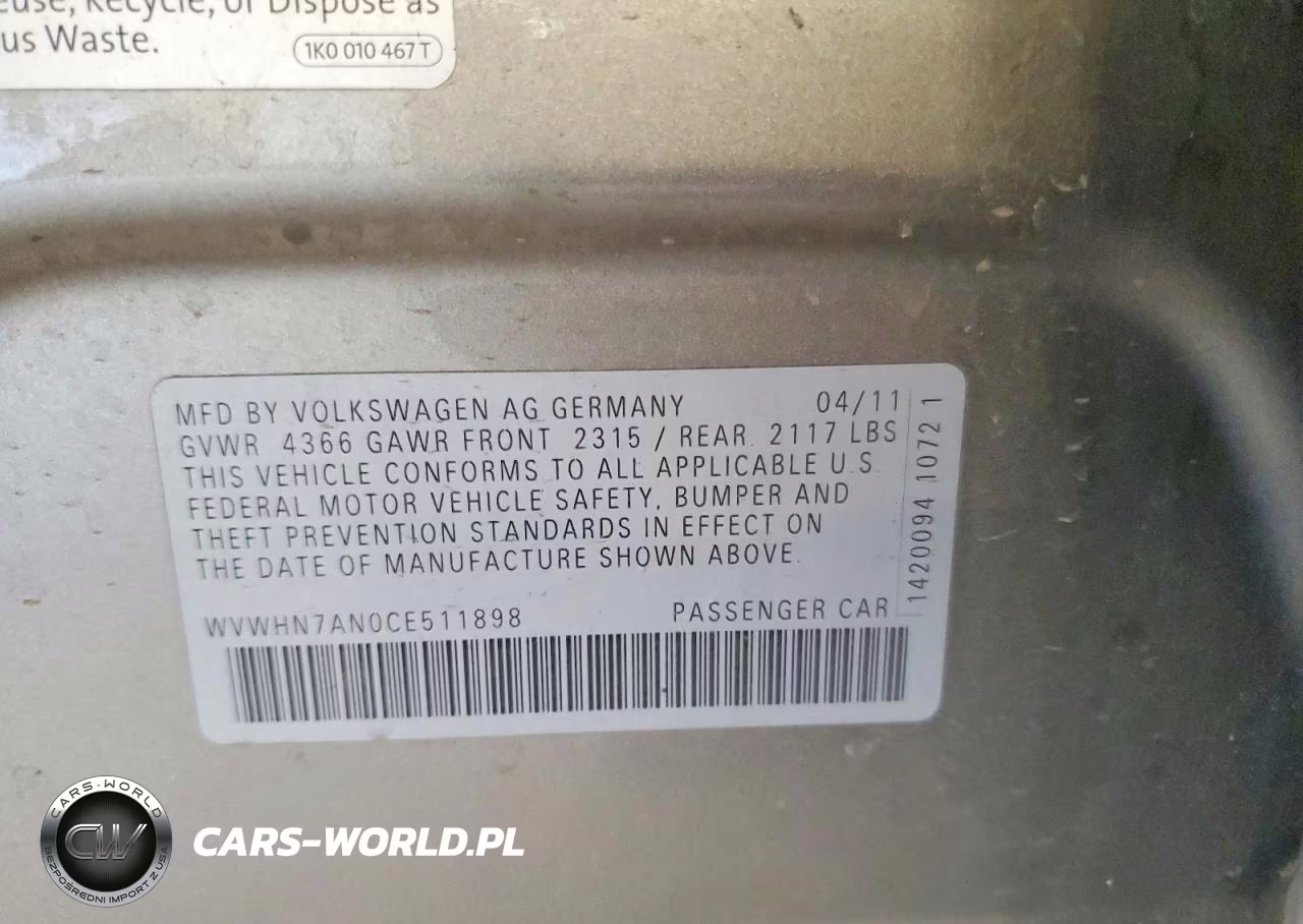 2012 Volkswagen Cc Luxury VIN:WVWHN7AN0CE511898 - 12
