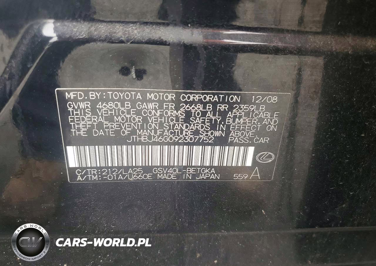 2009 Lexus Es 350 VIN:JTHBJ46G092307752 - 12