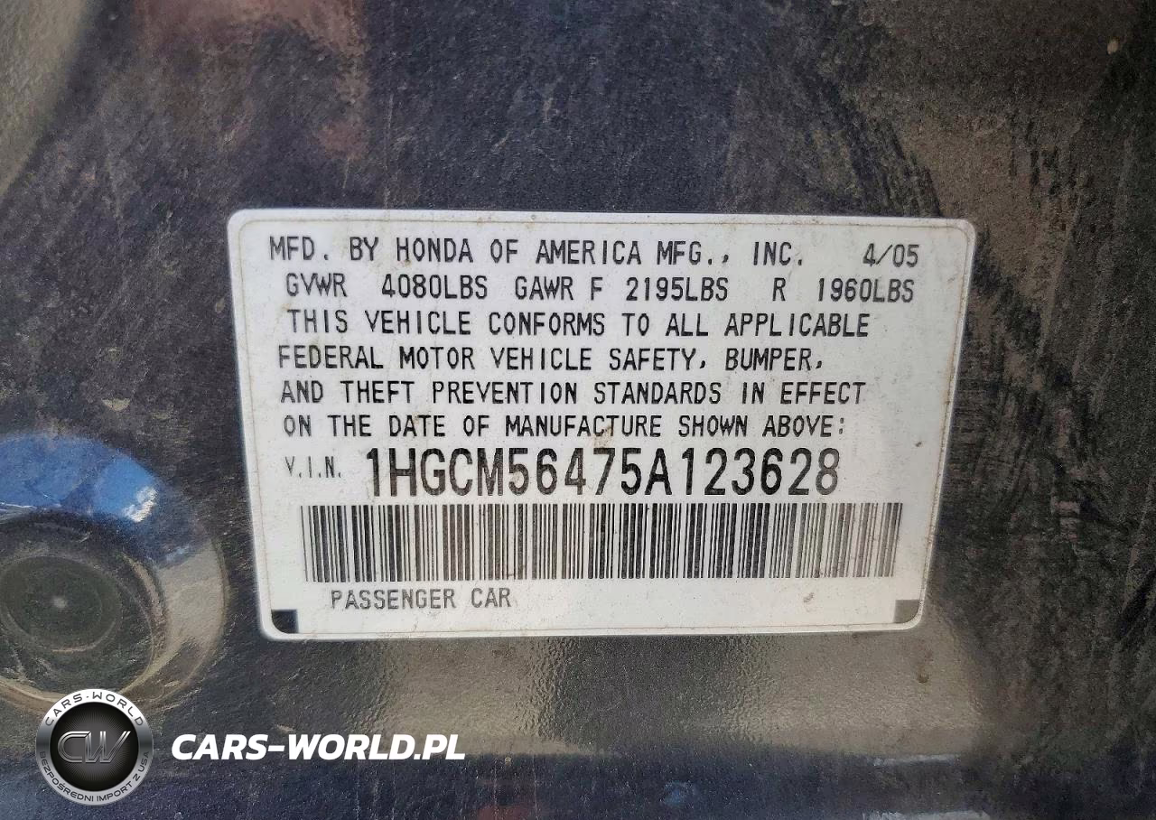 2005 Honda Accord Lx VIN:1HGCM56475A123628 - 12