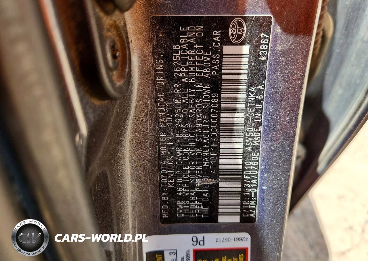 2012 Toyota Camry Le VIN:4T1BF1FK0CU007089 - 12