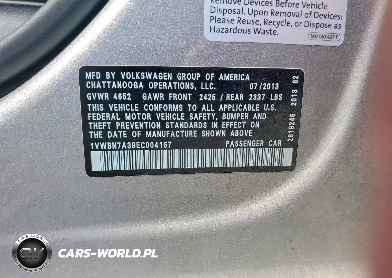 2014 Volkswagen Passat Se VIN:1VWBN7A39EC004157 - 12
