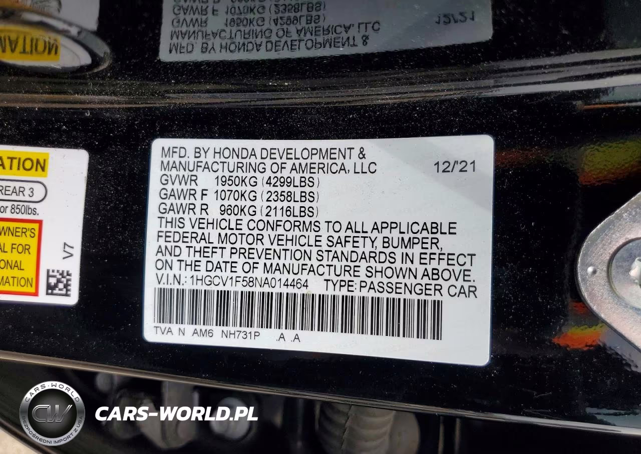 2022 Honda Accord Exl VIN:1HGCV1F58NA014464 - 12