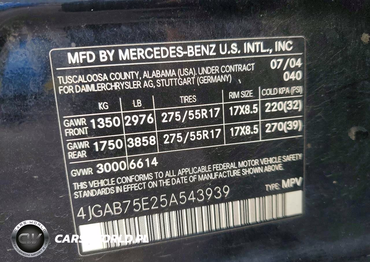 2005 Mercedes-Benz Ml 500 VIN:4JGAB75E25A543939 - 12