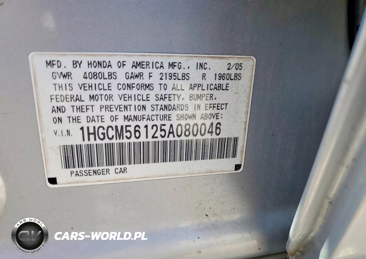 2005 Honda Accord Dx VIN:1HGCM56125A080046 - 12