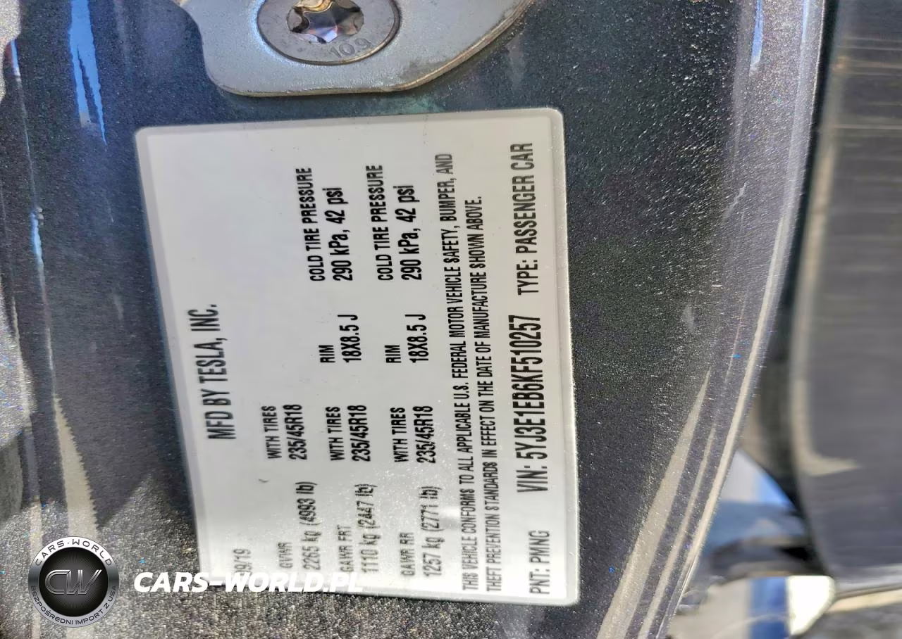 2019 Tesla Model 3 VIN:5YJ3E1EB6KF510257 - 12
