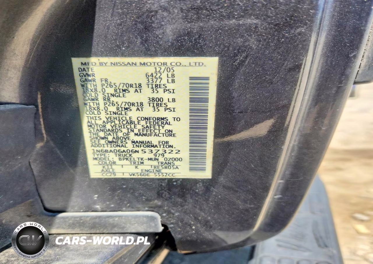 2006 Nissan Titan Xe Ffv VIN:1N6BA06A06N537322 - 12