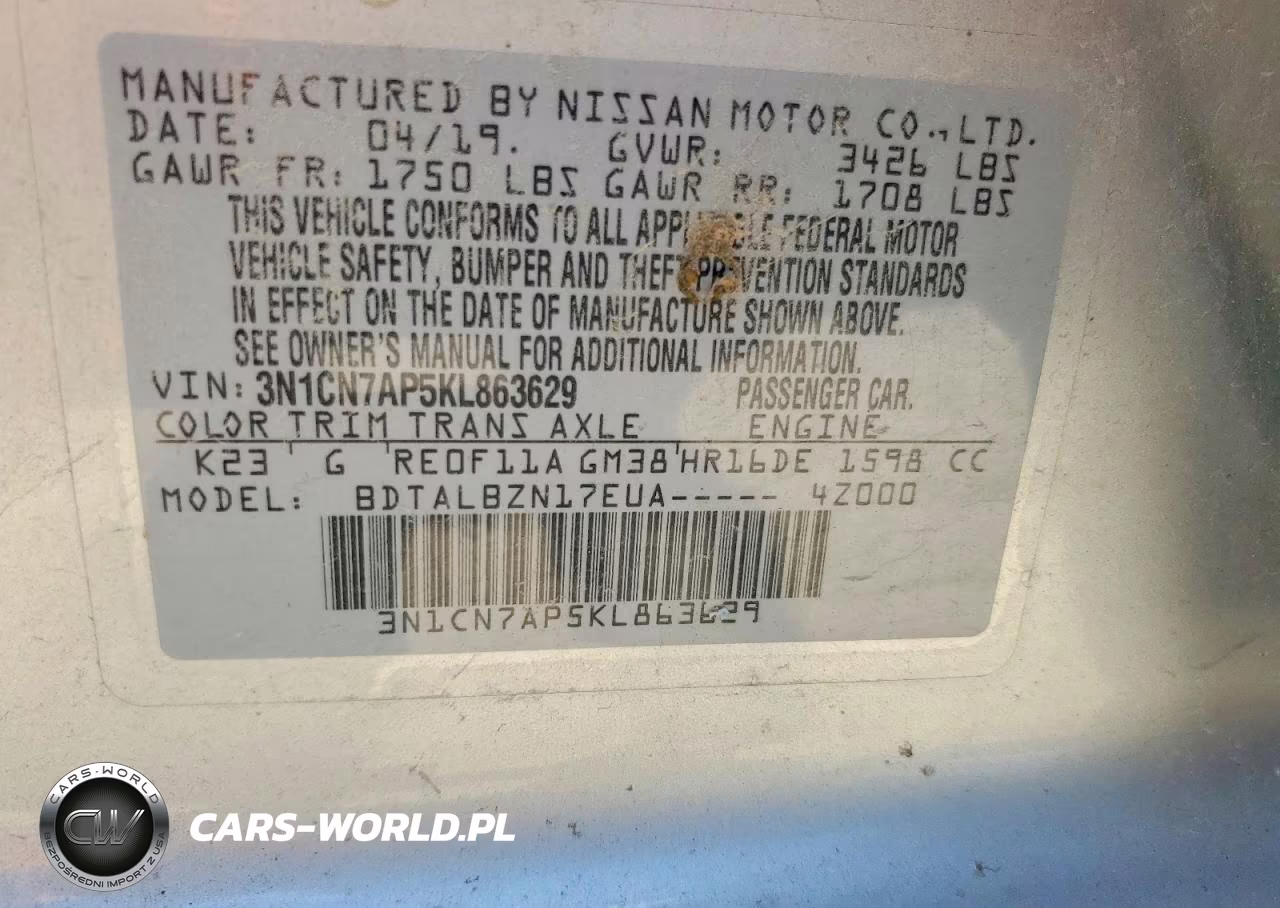 2019 Nissan Versa Sv VIN:3N1CN7AP5KL863629 - 12