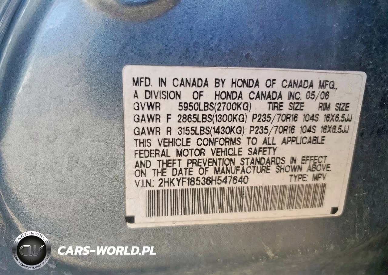 2006 Honda Pilot Ex VIN:2HKYF18536H547640 - 13