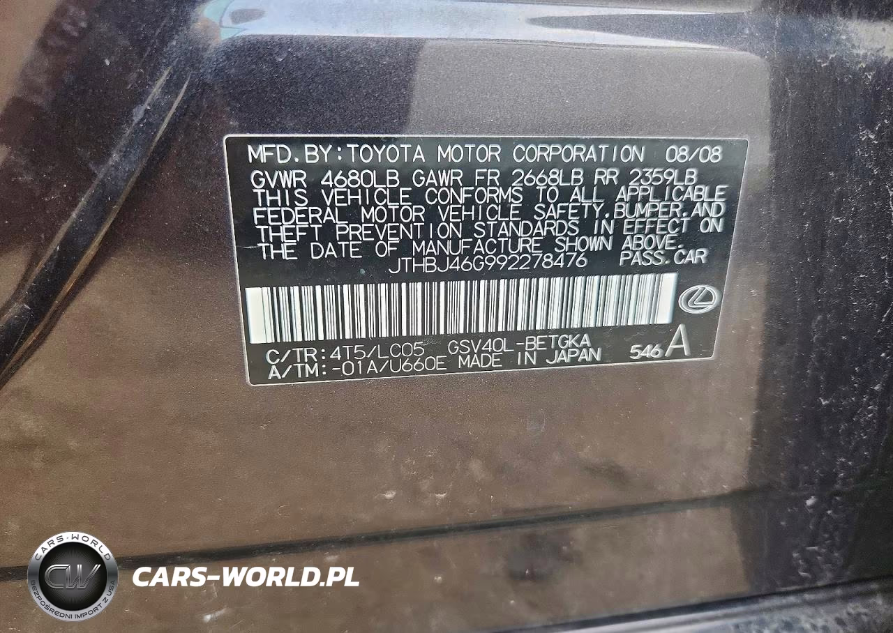 2009 Lexus Es 350 VIN:JTHBJ46G992278476 - 13