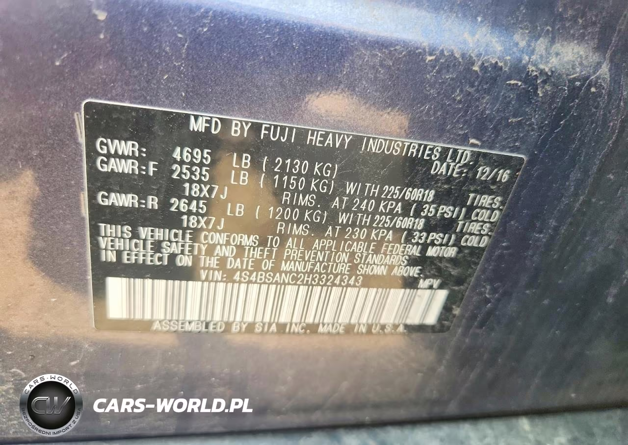 2017 Subaru Outback 2.5I Limited VIN:4S4BSANC2H3324343 - 12