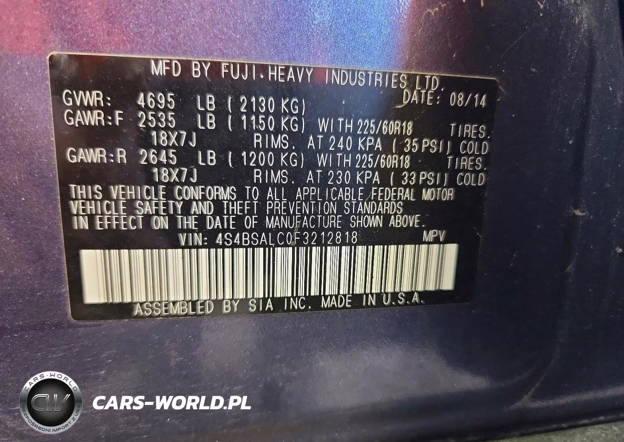 2015 Subaru Outback 2.5I Limited VIN:4S4BSALC0F3212818 - 13