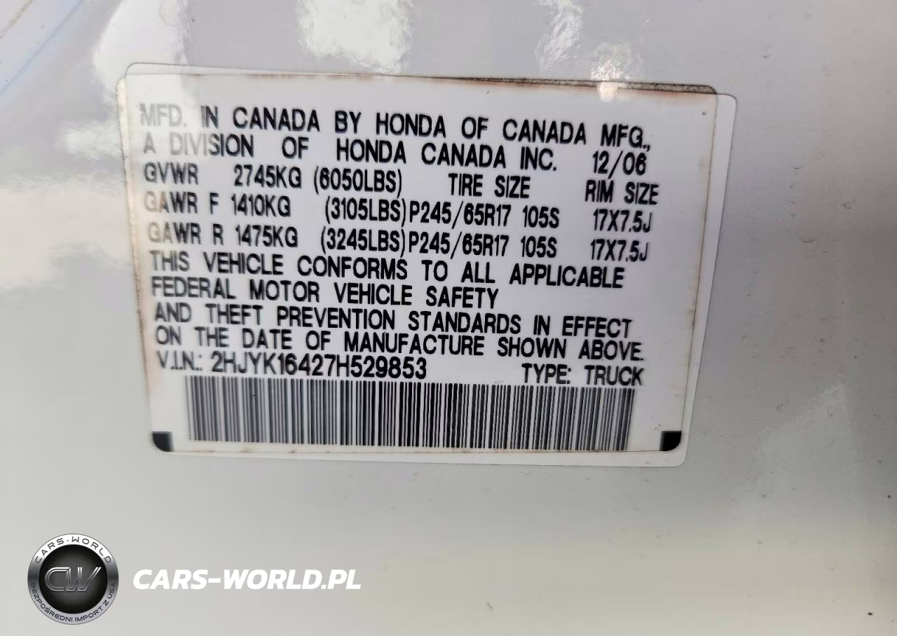 2007 Honda Ridgeline Rts VIN:2HJYK16427H529853 - 12