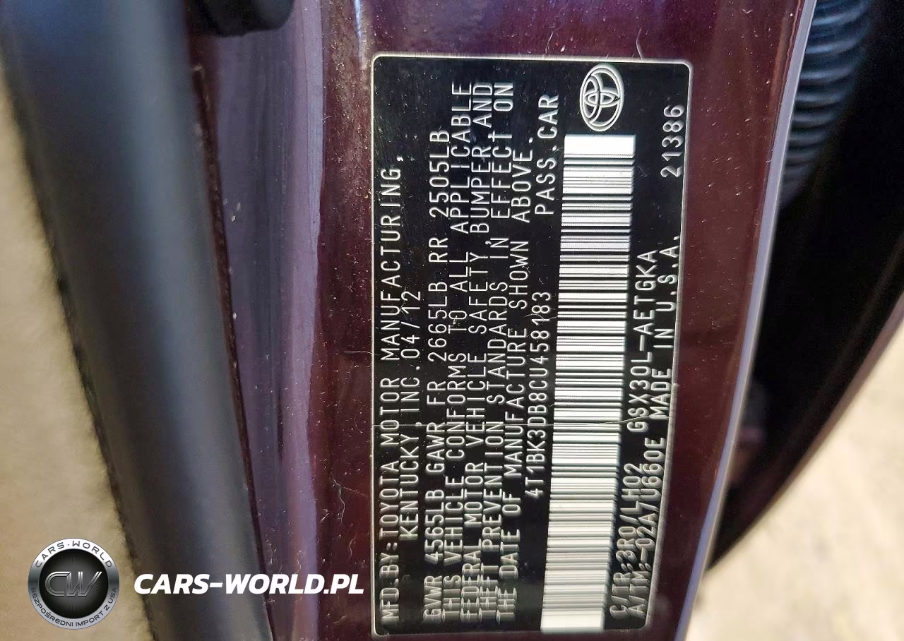 2012 Toyota Avalon Base VIN:4T1BK3DB8CU458183 - 12