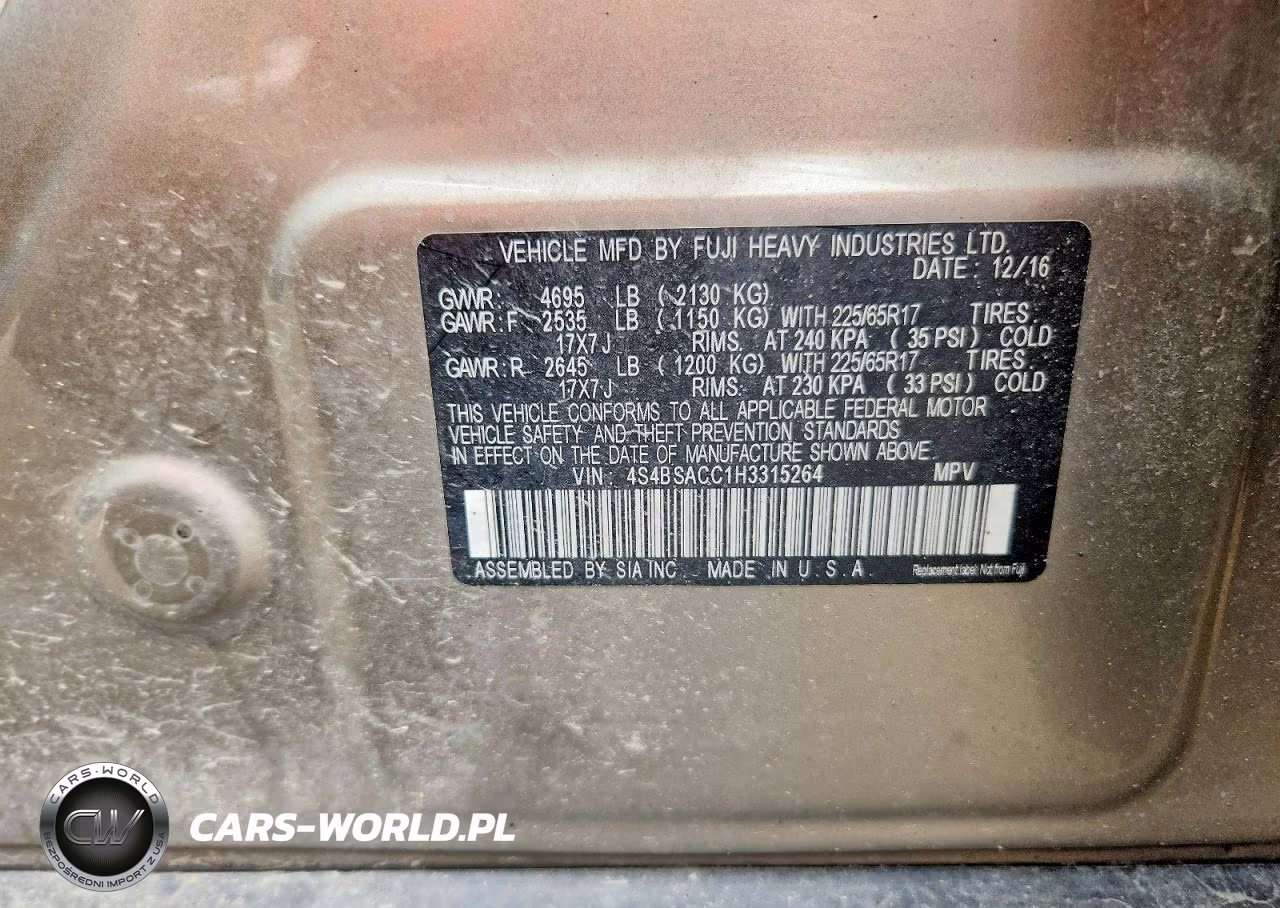 2017 Subaru Outback 2.5I Premium VIN:4S4BSACC1H3315264 - 12