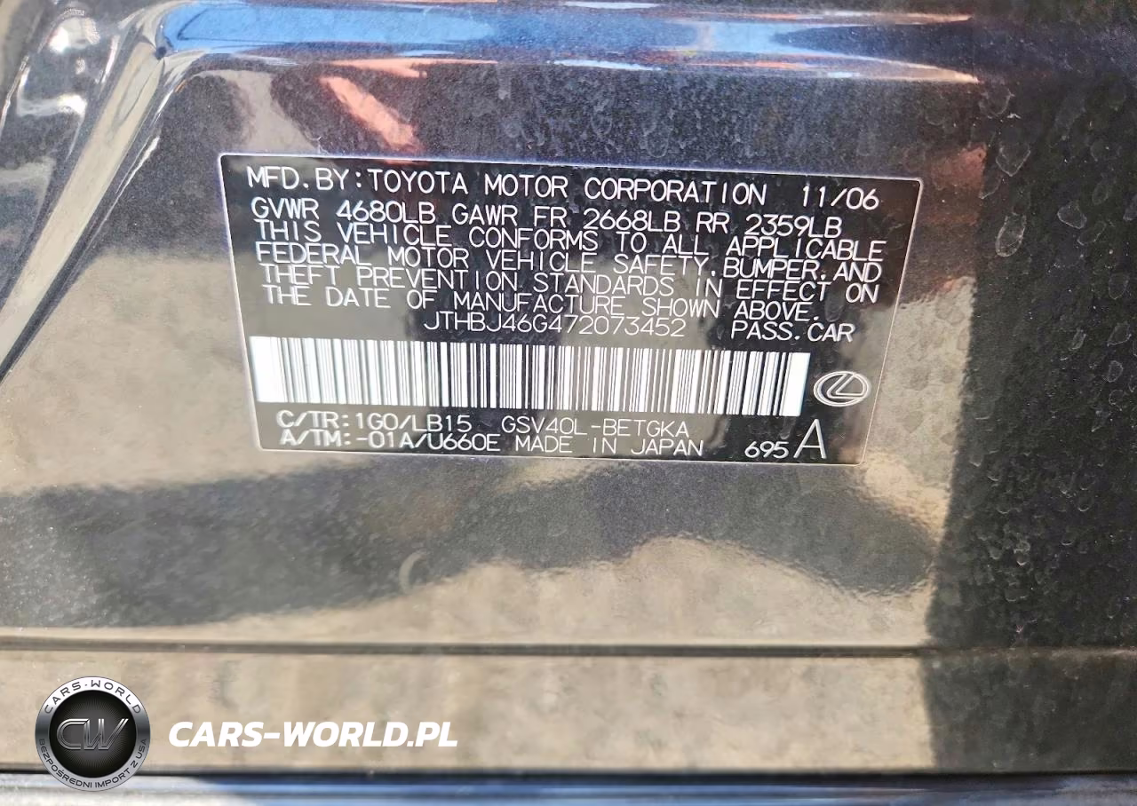 2007 Lexus Es 350 VIN:JTHBJ46G472073452 - 12