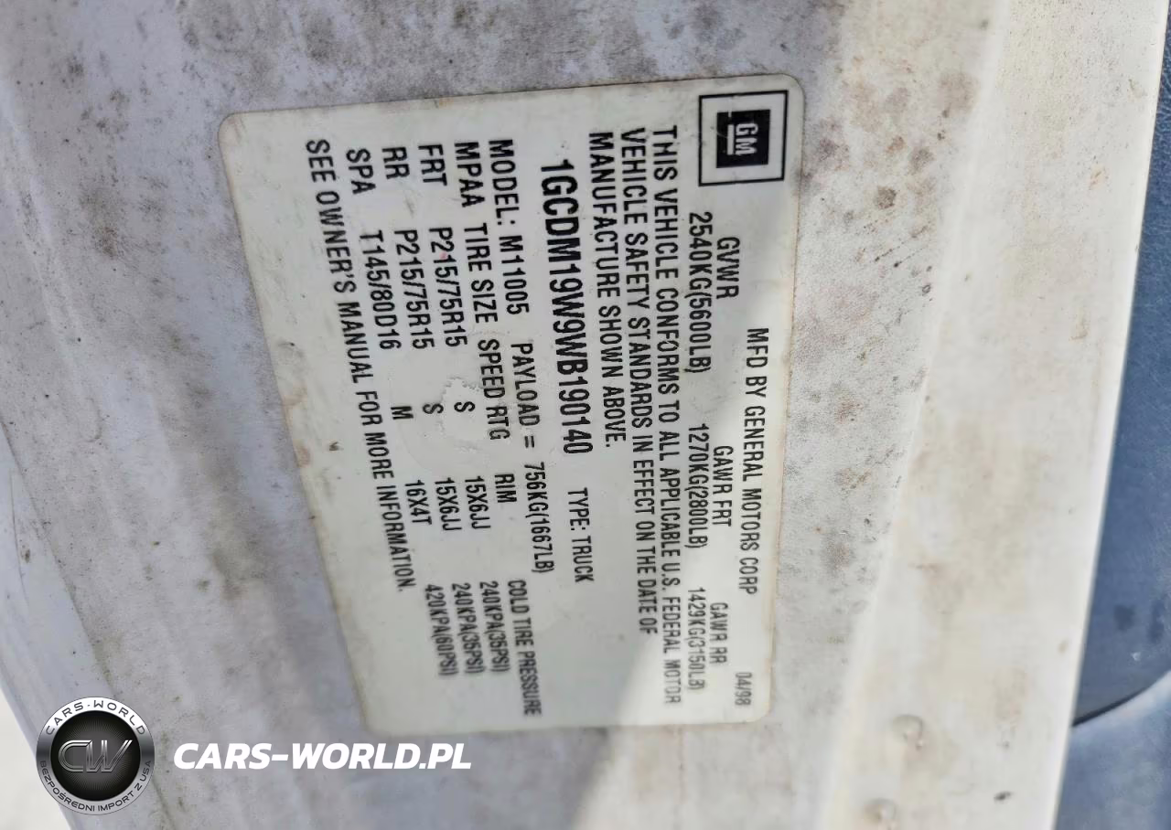 1998 Chevrolet Astro VIN:1GCDM19W9WB190140 - 13