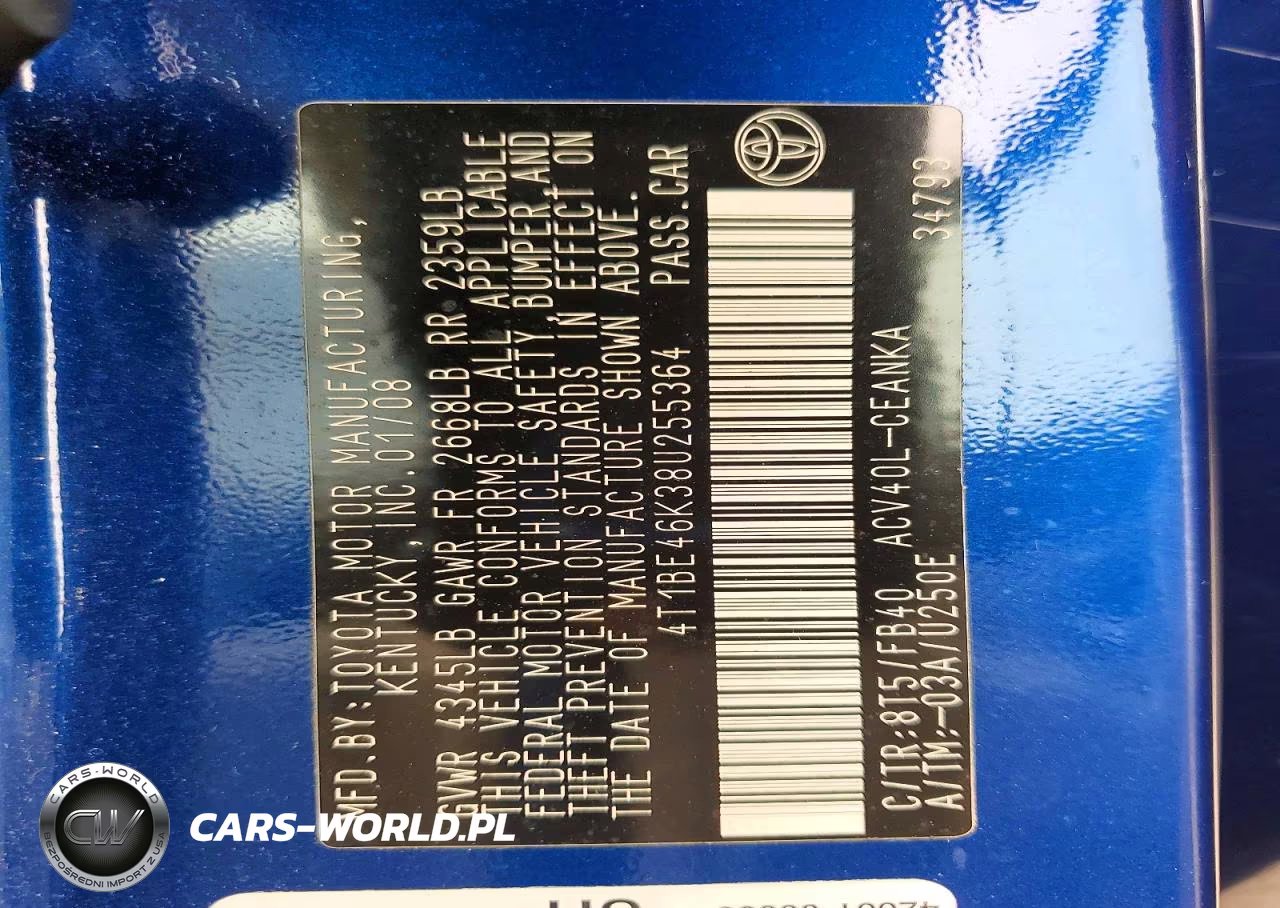 2008 Toyota Camry Base VIN:4T1BE46K38U255364 - 12
