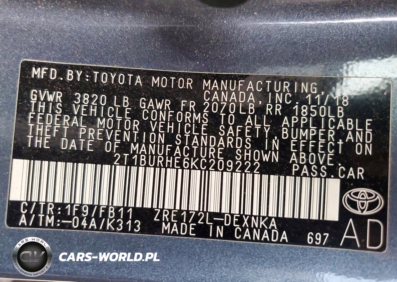 2019 Toyota Corolla Le VIN:2T1BURHE6KC209222 - 13