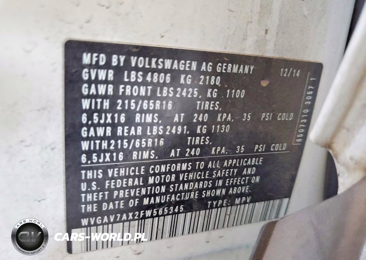 2015 Volkswagen Tiguan S VIN:WVGAV7AX2FW565345 - 12