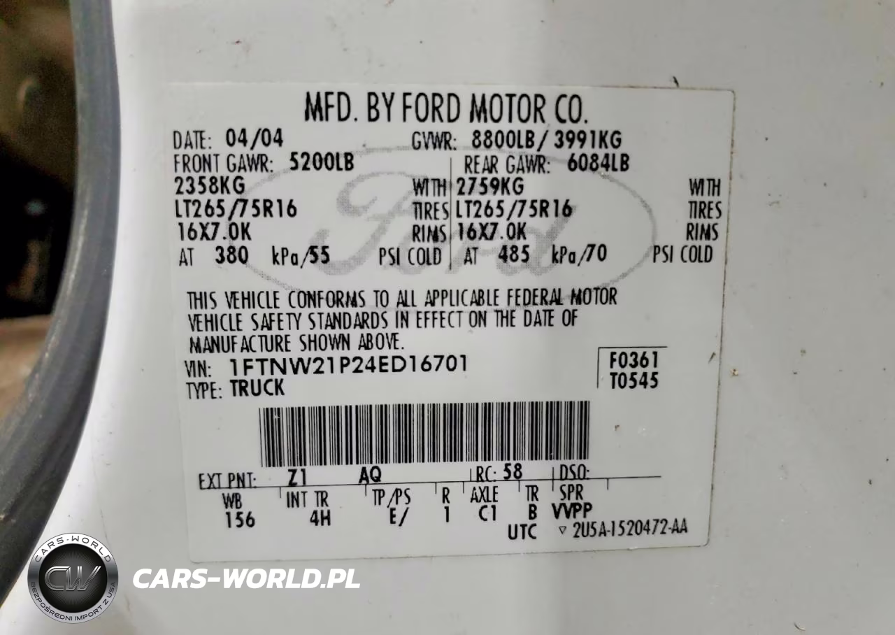 2004 Ford F250 Super Duty VIN:1FTNW21P24ED16701 - 12
