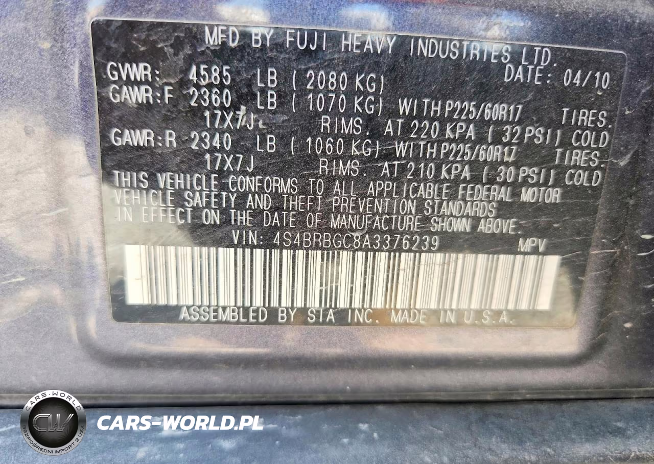 2010 Subaru Outback 2.5I Premium VIN:4S4BRBGC8A3376239 - 12