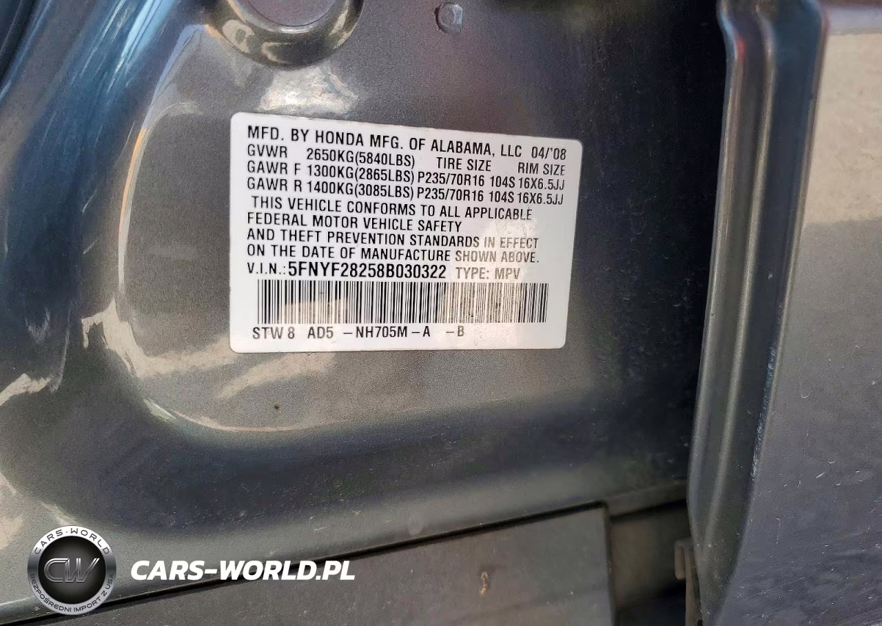 2008 Honda Pilot Vp VIN:5FNYF28258B030322 - 13