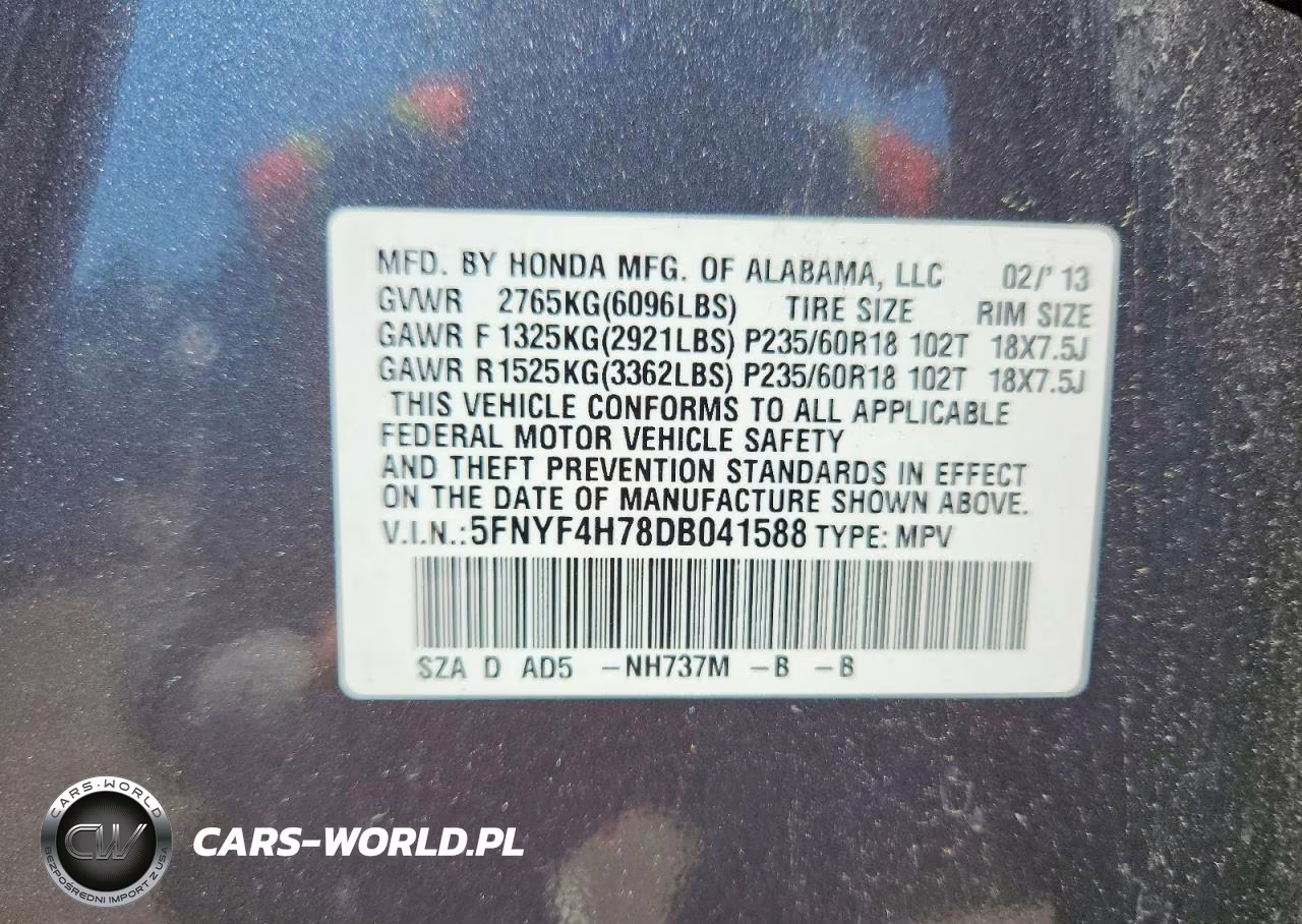 2013 Honda Pilot Exln VIN:5FNYF4H78DB041588 - 14
