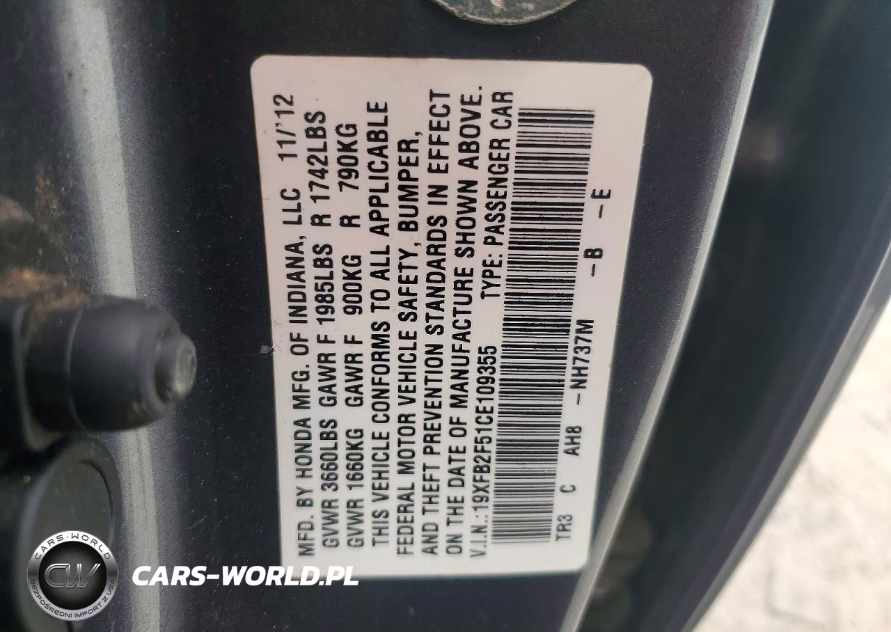2012 Honda Civic Lx VIN:19XFB2F51CE109355 - 12