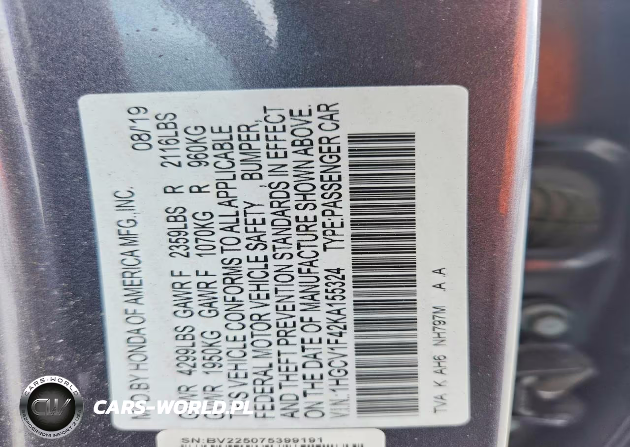 2019 Honda Accord Ex VIN:1HGCV1F42KA155324 - 12