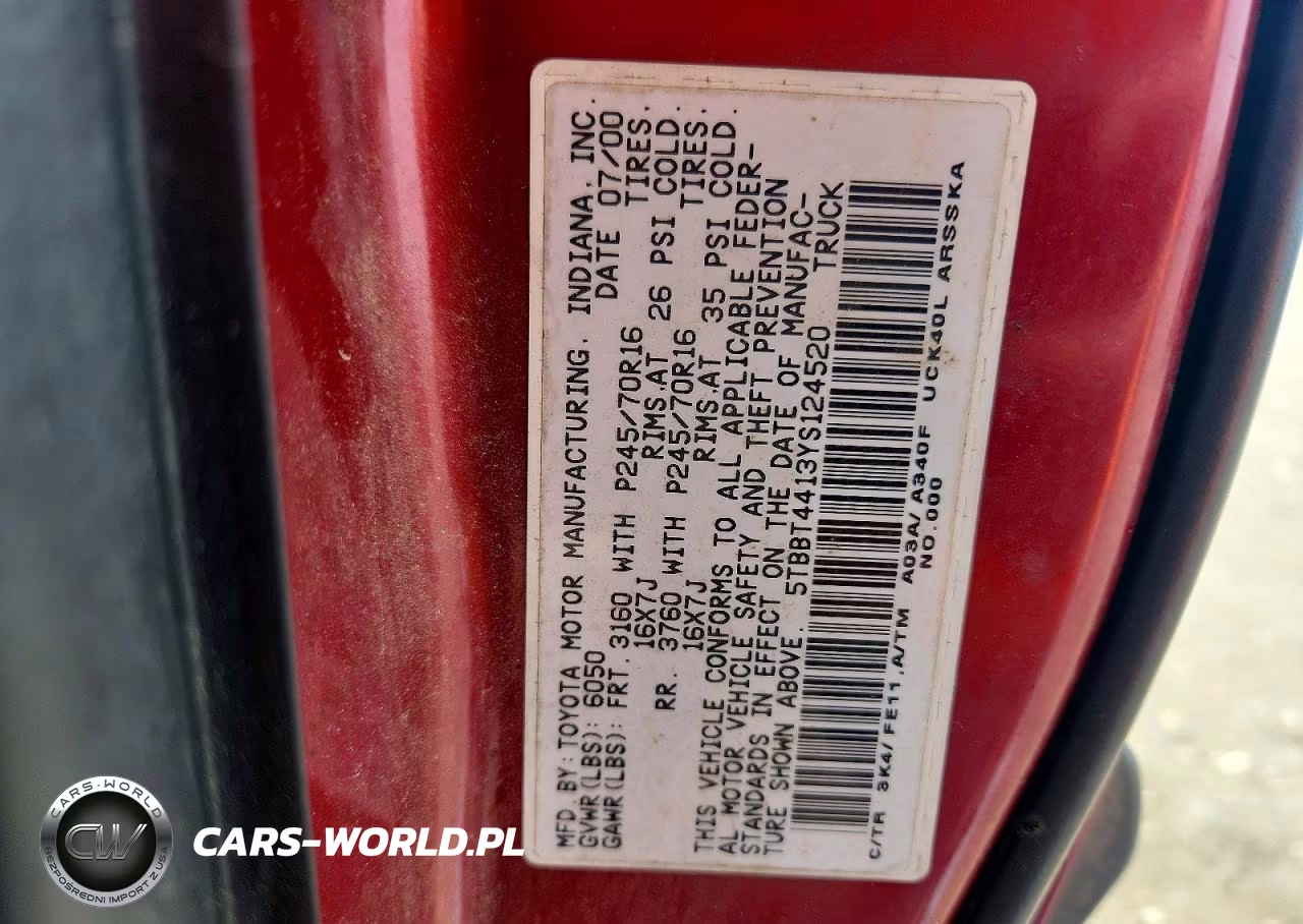 2000 Toyota Tundra VIN:5TBBT4413YS124520 - 12