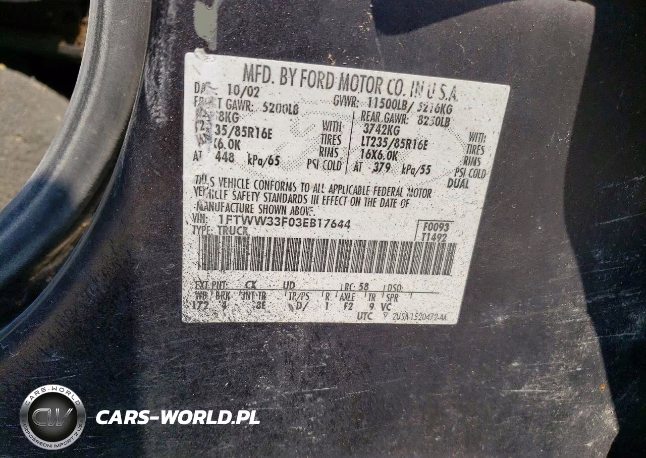 2003 Ford F350 Super Duty VIN:1FTWW33F03EB17644 - 13