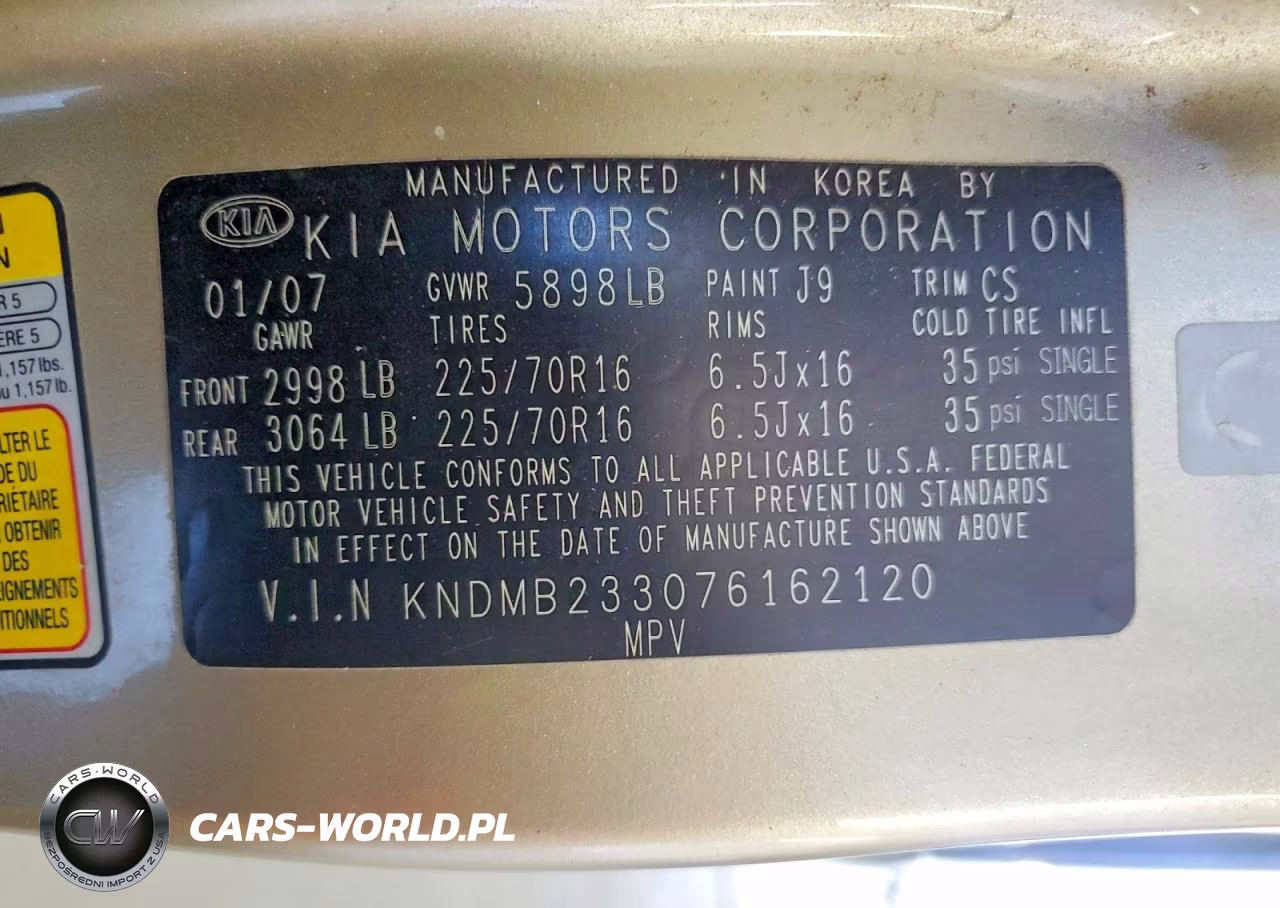 2007 Kia Sedona Base VIN:KNDMB233076162120 - 13