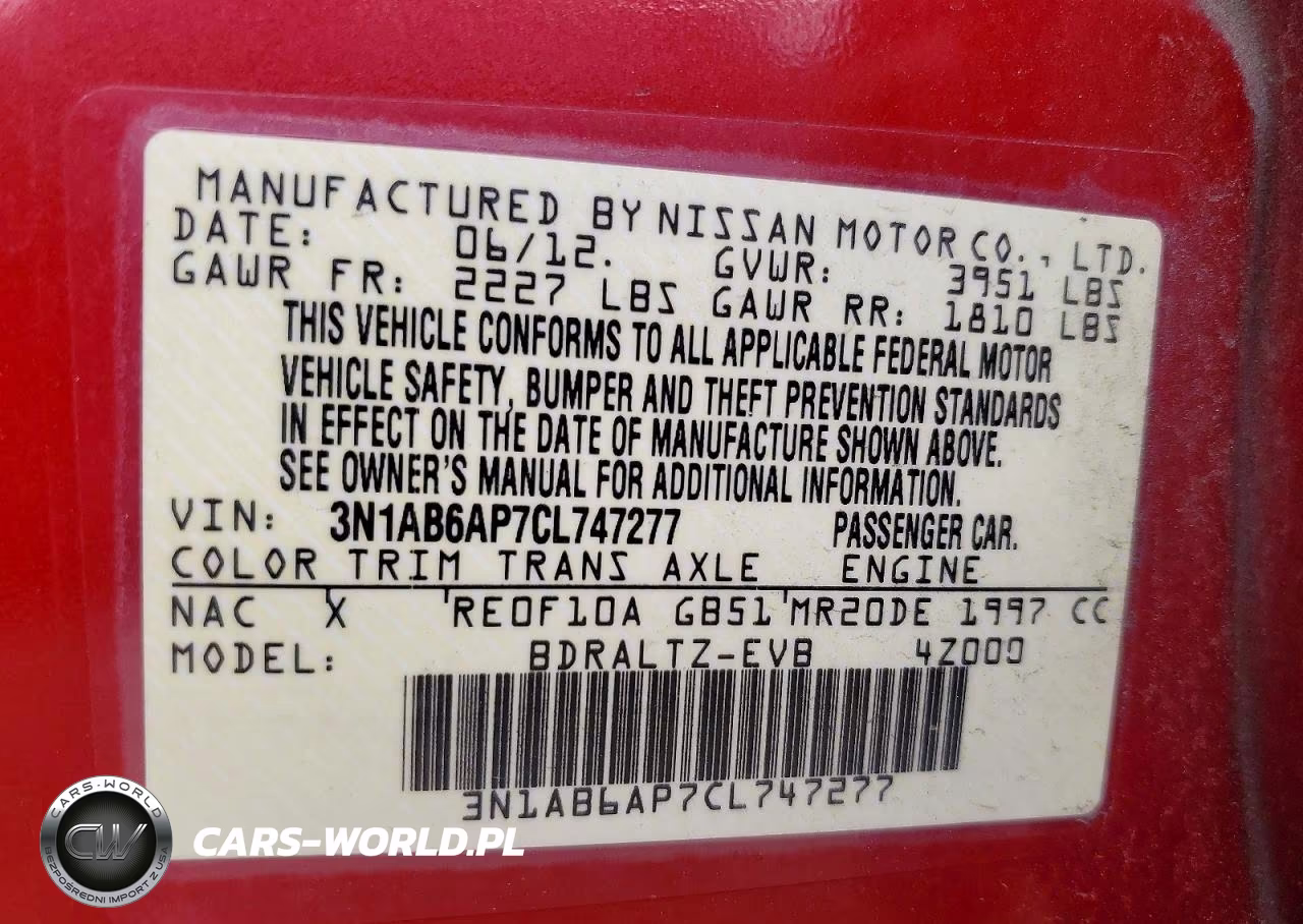 2012 Nissan Sentra 2.0 VIN:3N1AB6AP7CL747277 - 12