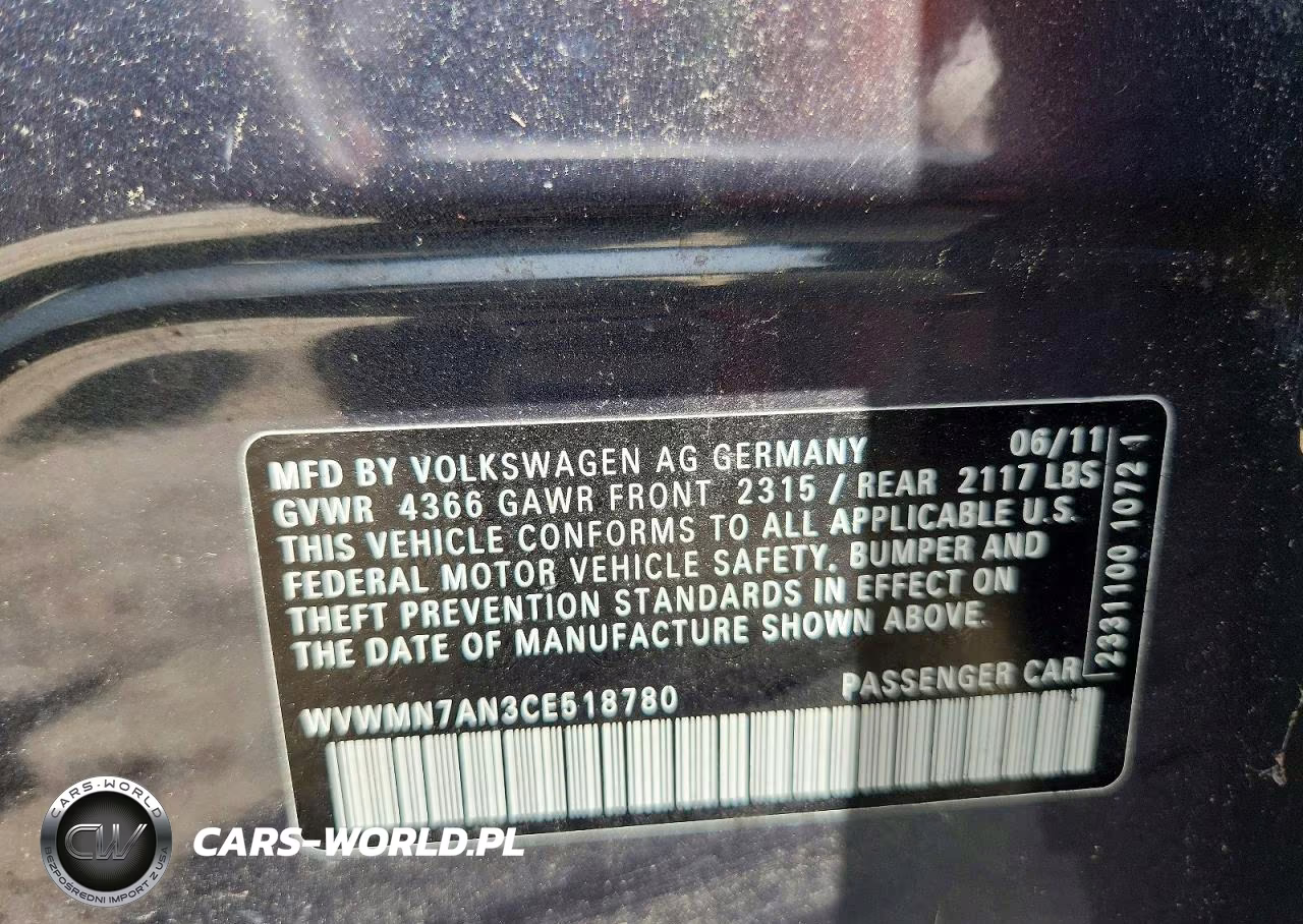 2012 Volkswagen Cc Sport VIN:WVWMN7AN3CE518780 - 12