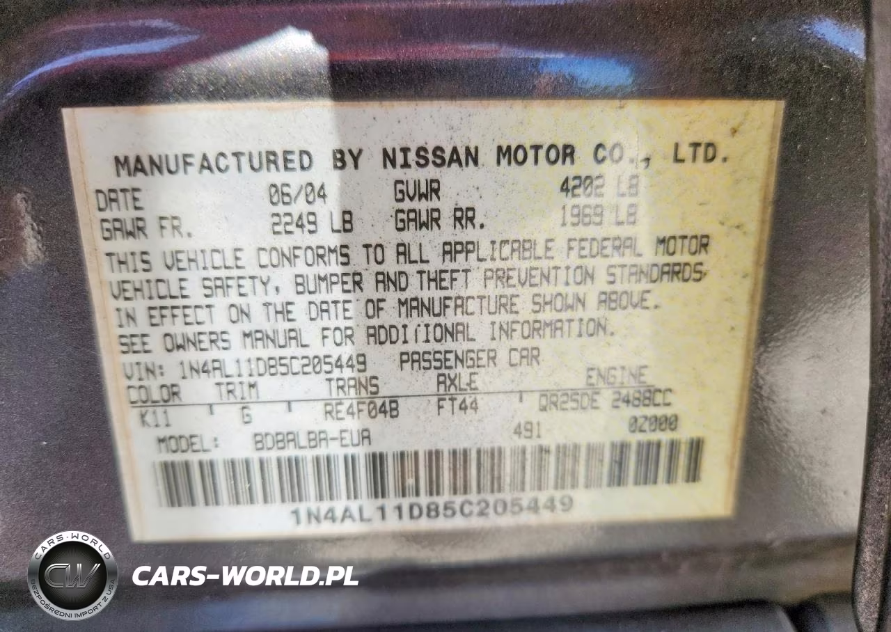 2005 Nissan Altima 2.5 VIN:1N4AL11D85C205449 - 12