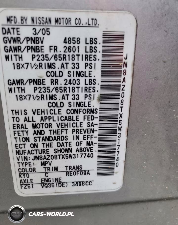 2005 Nissan Murano Sl VIN:JN8AZ08TX5W317740 - 13