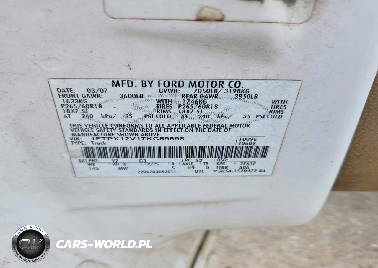 2007 Ford F150 VIN:1FTPX12V17KC59698 - 12