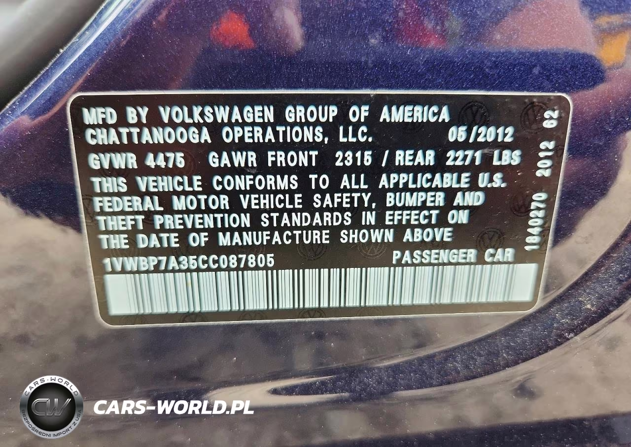 2012 Volkswagen Passat Se VIN:1VWBP7A35CC087805 - 12