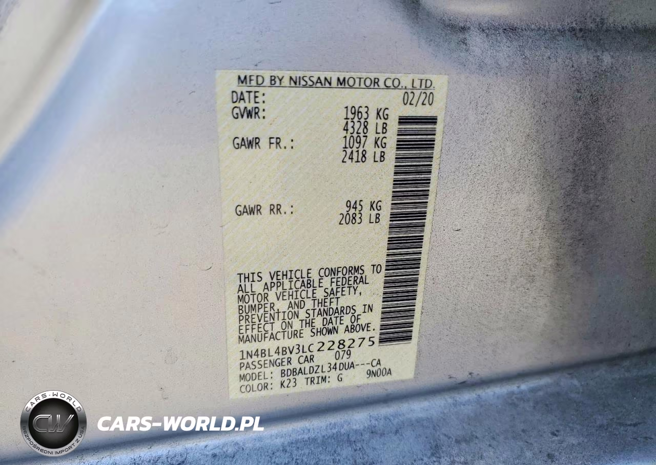 2020 Nissan Altima S VIN:1N4BL4BV3LC228275 - 12
