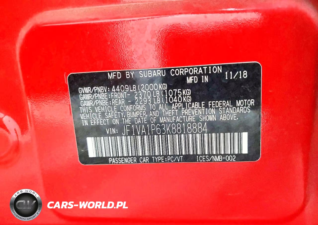 2019 Subaru Wrx Limited VIN:JF1VA1P63K8818884 - 12
