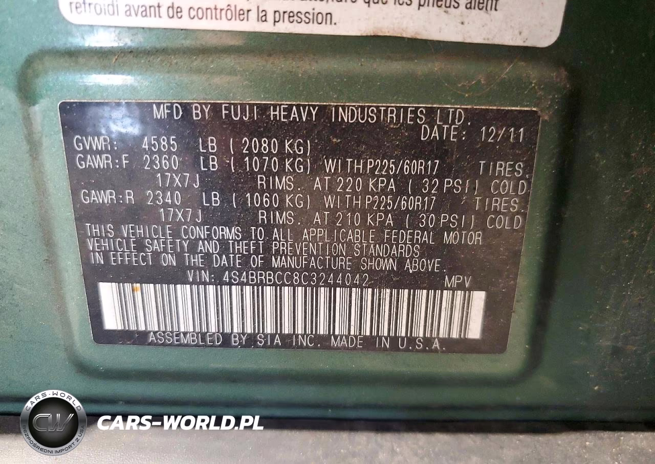 2012 Subaru Outback 2.5I Premium VIN:4S4BRBCC8C3244042 - 13