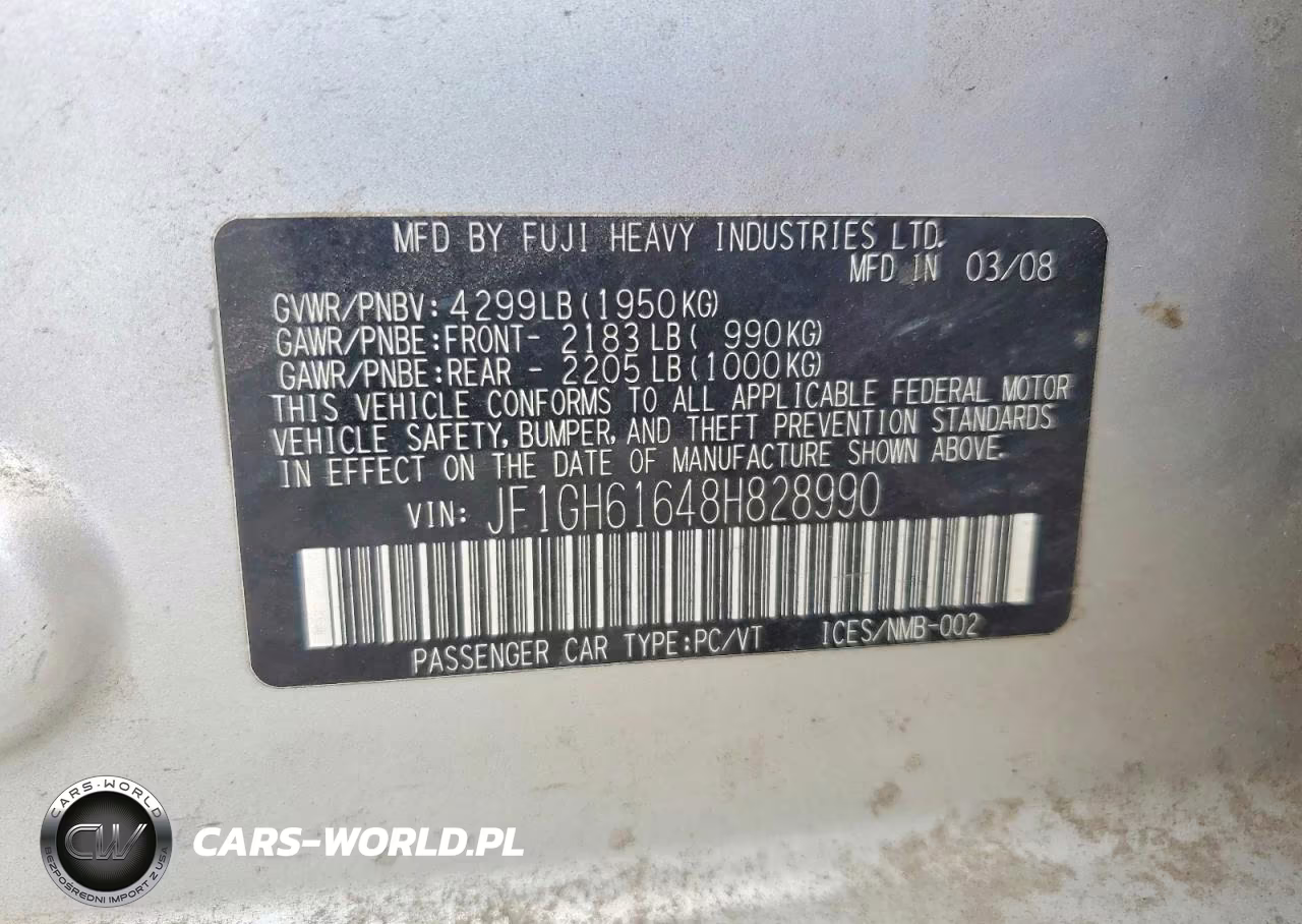 2008 Subaru Impreza 2.5I VIN:JF1GH61648H828990 - 12